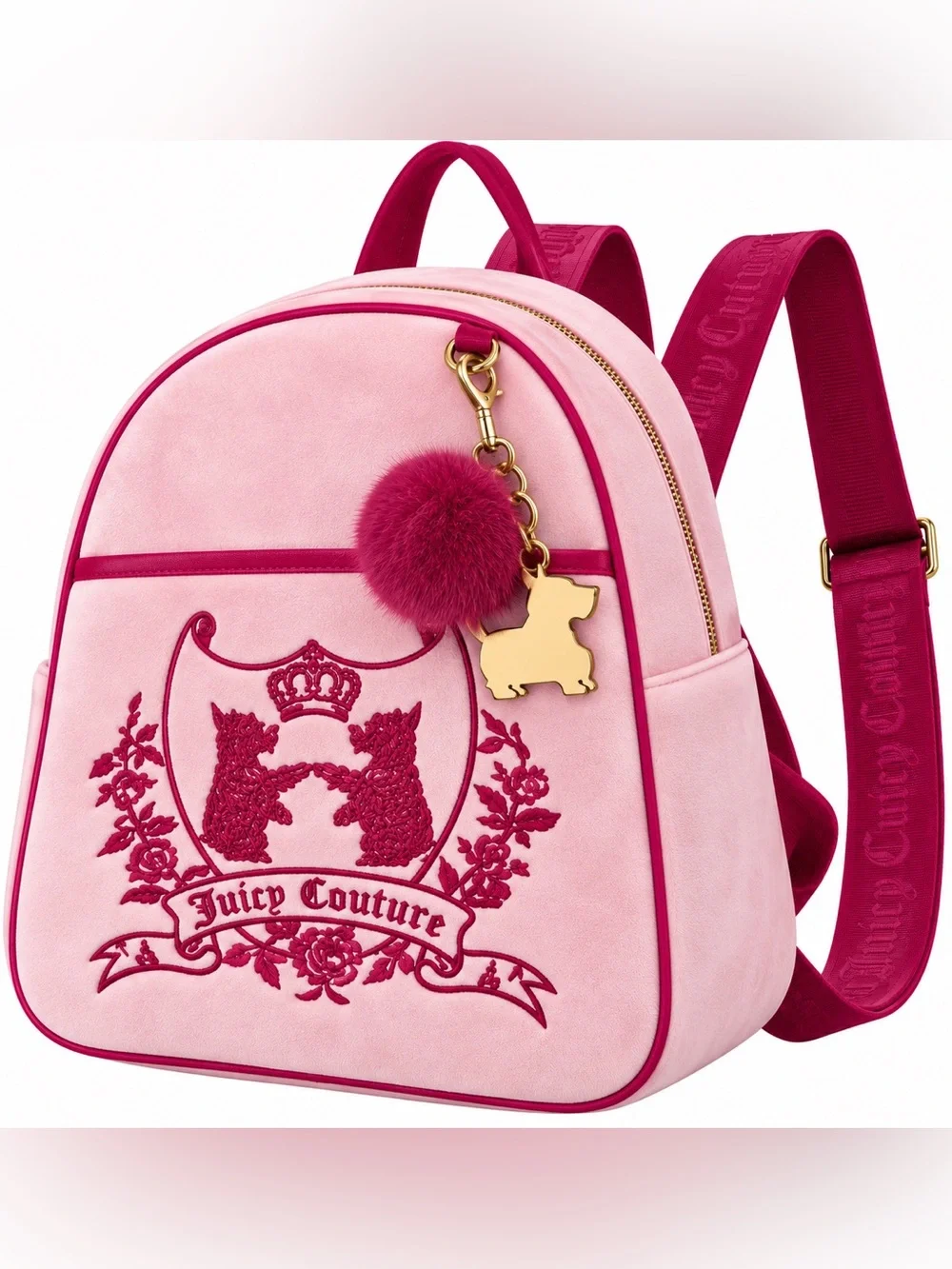Juicy Couture Pink Velour Backpack Dog Crest Pom Pom Y2K Bag